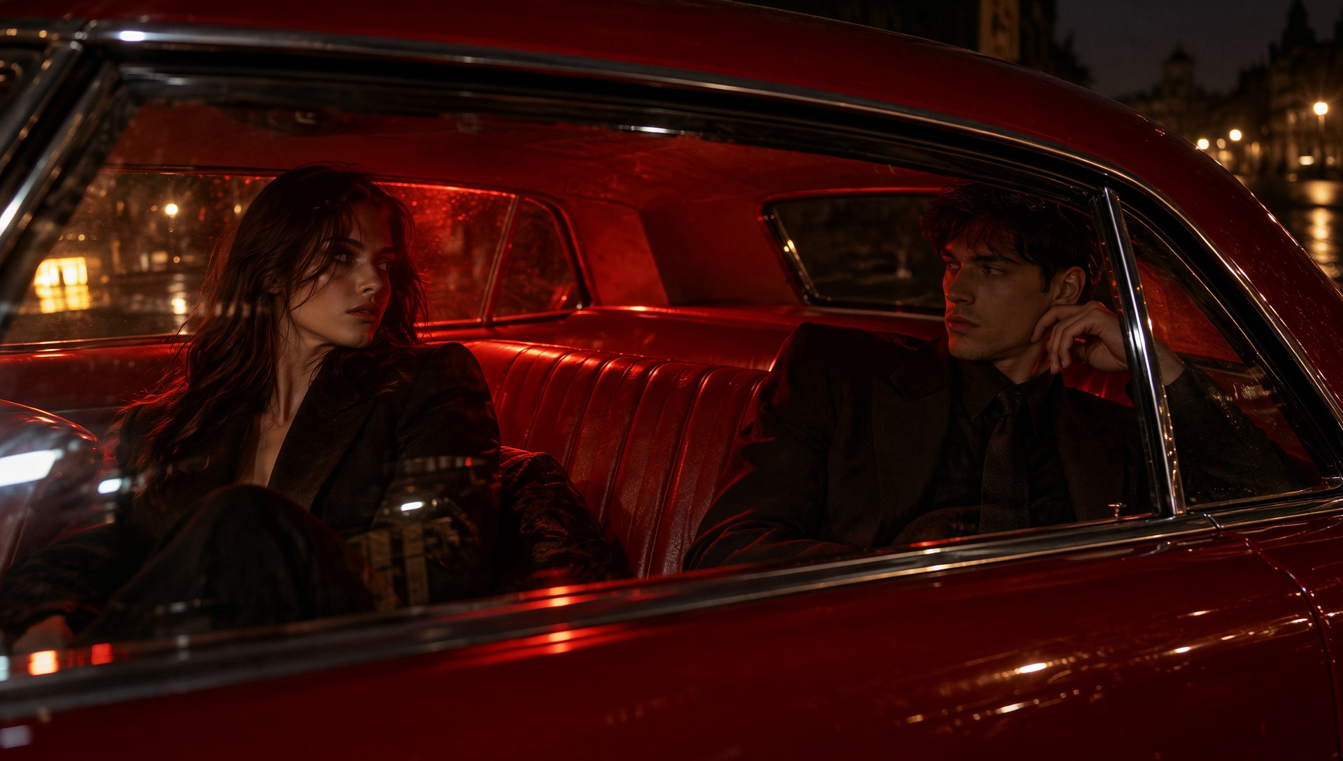 Two figures in dark tailoring sit in the back of a vintage red car at night.